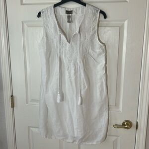 Tommy Bahama White Linen Sleeveless‎ Embroidered Tunic Dress, Sz Large
